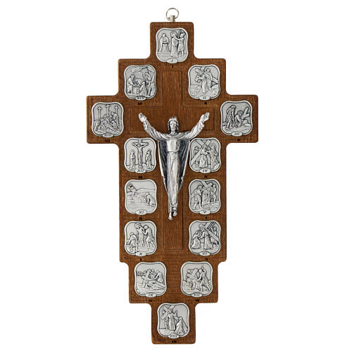 Crocefisso Via Crucis 14 stazioni finitura argento croce legno carpino 1