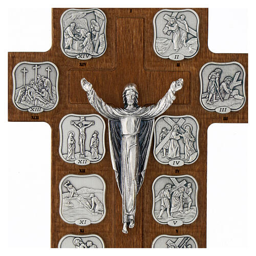 Crocefisso Via Crucis 14 stazioni finitura argento croce legno carpino 2