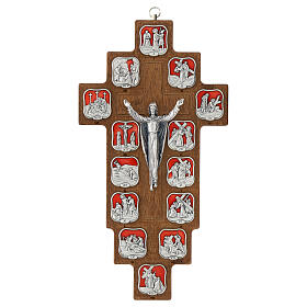 Hornbeam wooden crucifix with metallic Way of the Cross, 14 stations, red resin