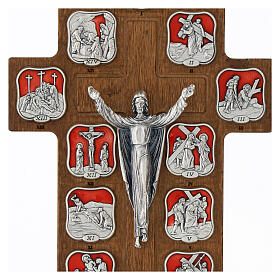 Hornbeam wooden crucifix with metallic Way of the Cross, 14 stations, red resin