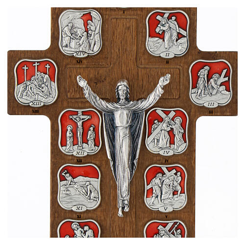 Hornbeam wooden crucifix with metallic Way of the Cross, 14 stations, red resin 2