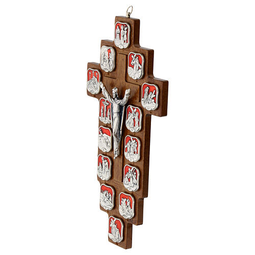 Hornbeam wooden crucifix with metallic Way of the Cross, 14 stations, red resin 3