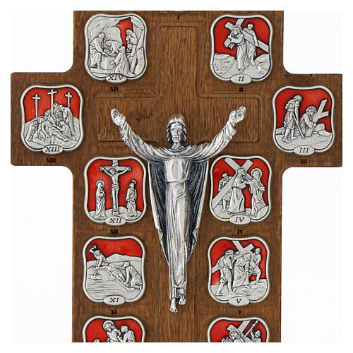 Crocefisso Via Crucis 14 stazioni metallo finitura argento croce legno di carpino 2
