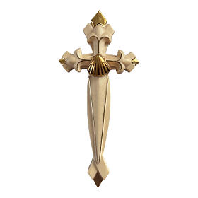 Cruz del Peregrino concha detalles dorados madera Val Gardena