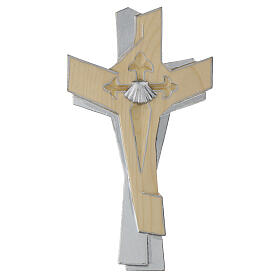 Cross of the Pilgrim with shell, silver finish, Val Gardena wood