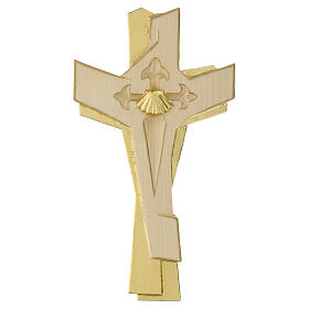 Cross of the Pilgrim with shell, Val Gardena wood with golden finish