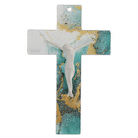 Cruz corpo branco vidro mármore verde ouro 16x10,5 cm