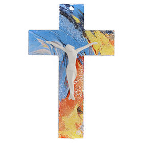 Murano glass cross with bright colours, white resin body of Chirst, 6x4 in