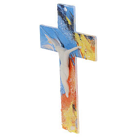 Murano glass cross with bright colours, white resin body of Chirst, 6x4 in