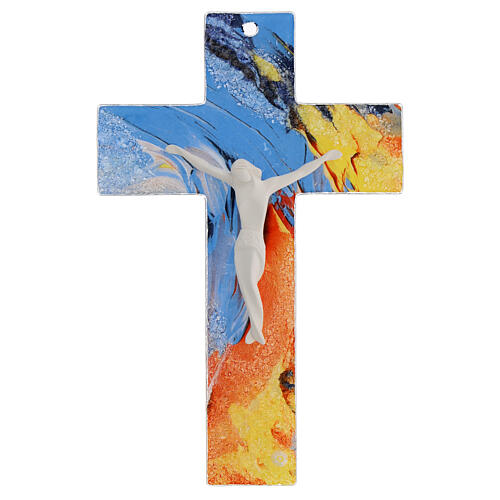 Cross with white body of Christ, bright multicolour glass, 8x5 in 1