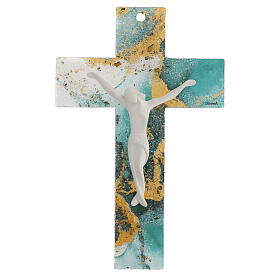 Marbled wall cross, green and golden glass, 10x7 in