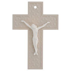 Dove-coloured resin cross with stylised white body and geometric pattern, 10x7 in