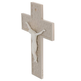 Dove-coloured resin cross with stylised white body and geometric pattern, 10x7 in