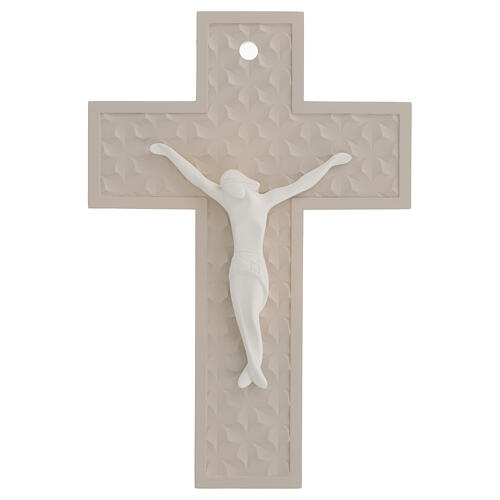 Dove-coloured resin cross with stylised white body and geometric pattern, 10x7 in 1