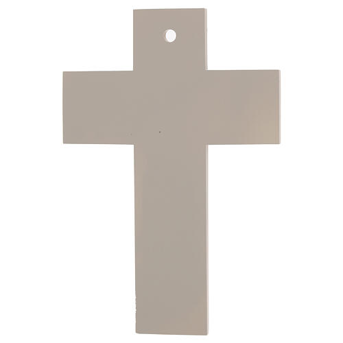 Dove-coloured resin cross with stylised white body and geometric pattern, 10x7 in 3