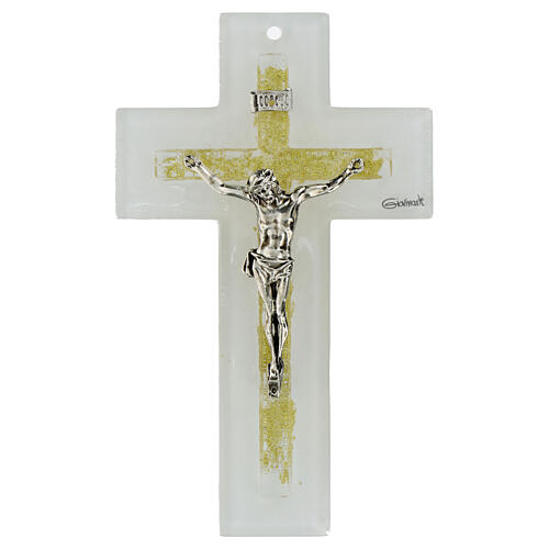 Cruz vidrio blanco purpurina oro Cristo detalles plateados 16x10 cm 1