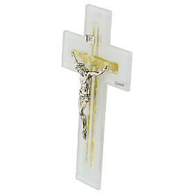 Croce vetro bianco glitter oro Cristo fin. argentata 16x10 cm