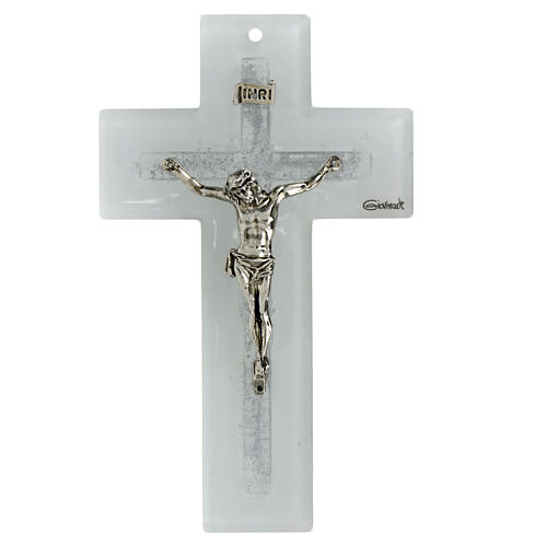Croce bianca glitter argento vetro Murano 16x10 cm 1