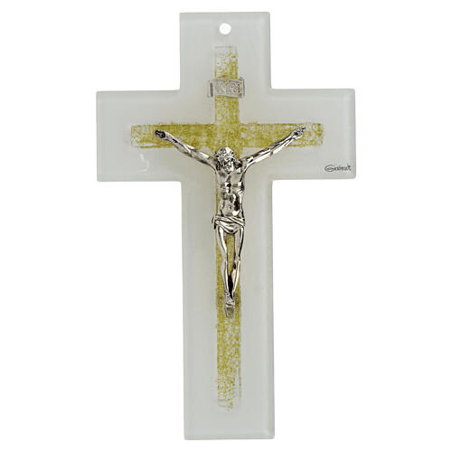 Cross with golden glitter, double glass and metallic body of Christ, 8x5 in 1