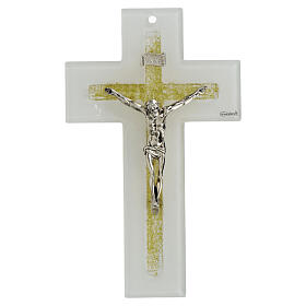 Cruz vidro duplo purpurina ouro Cristo metal 20x12 cm