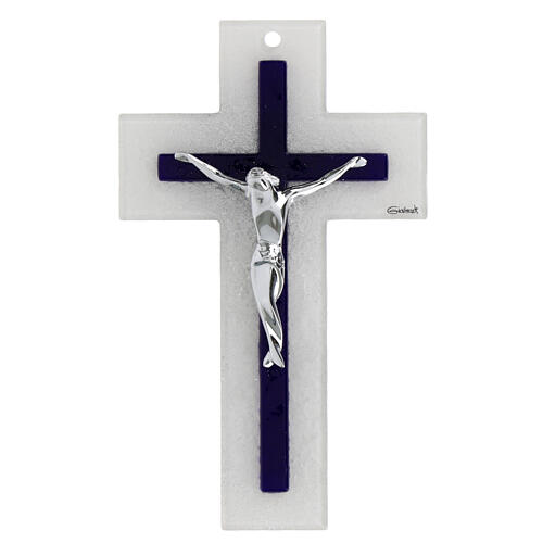 White and blue cross, double glass, stylised silvery body of Christ, 8x5 in 1