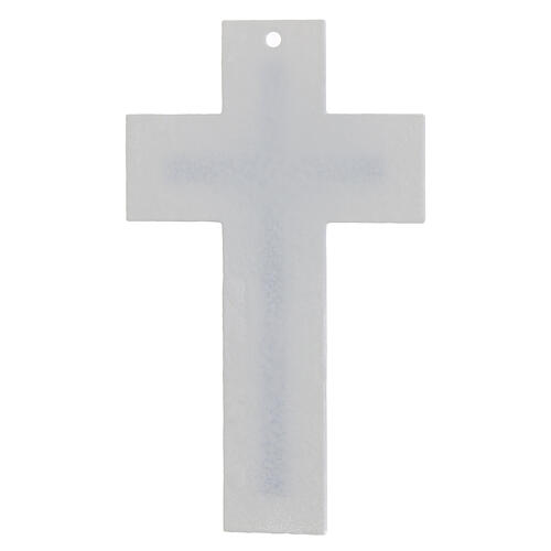 Cruz doble vidrio blanco azul Cristo estilizado plata 20x12 cm 3