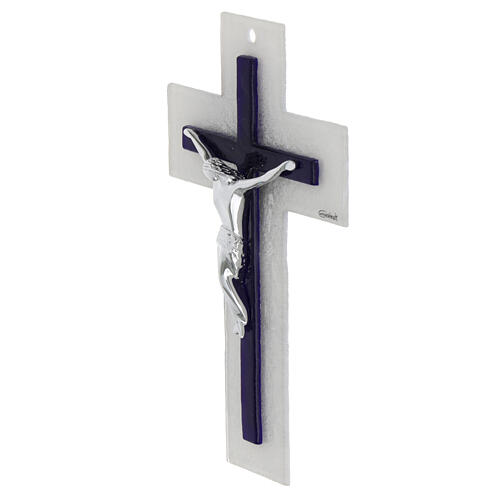 Croix double verre blanc bleu Christ stylisé argent 20x12 cm 2