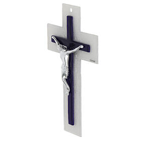 Croce doppio vetro bianco blu Cristo stilizzato argento 20x12 cm