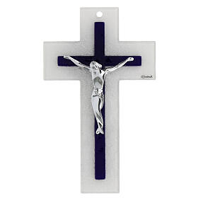 Cruz dupla vidro branco azul Cristo estilizado prata 20x12 cm