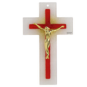 Weißes rotes Kruzifix mit goldenem Christus aus Glas 20x12 cm