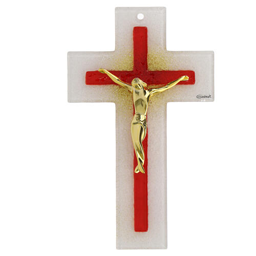 Cruz blanca roja Cristo dorado vidrio 20x12 cm 1