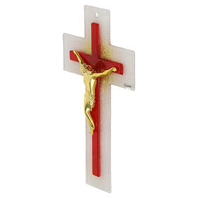 Cruz branca vermelha Cristo dourado vidro 20x12 cm