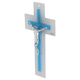 White and light blue cross, Murano glass, stylised silver body, 8x5 in