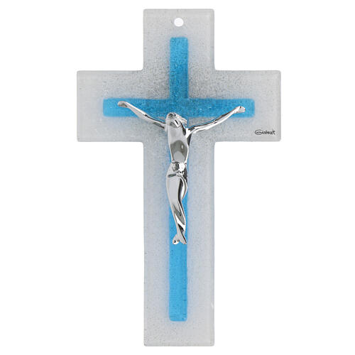 Crocifisso doppio bianco azzurro stilizzato vetro Murano 20x15 cm 1
