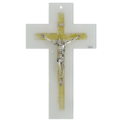 Wandkruzifix aus weißem Muranoglas mit goldenem Christus aus Metall 34x20 cm 1
