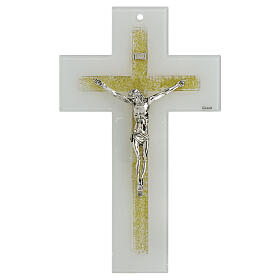 Wall cross of white and golden glass, metallic Christ, 13x8 in