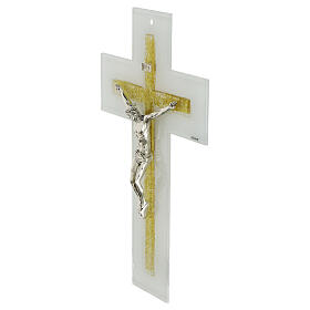 Wall cross of white and golden glass, metallic Christ, 13x8 in