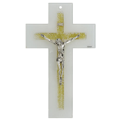 Wall cross of white and golden glass, metallic Christ, 13x8 in 1