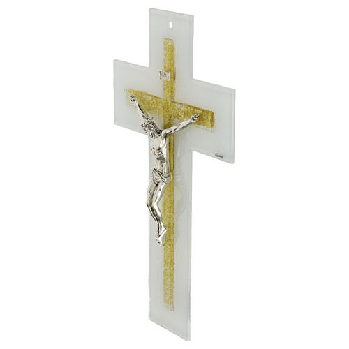 Wall cross of white and golden glass, metallic Christ, 13x8 in 2