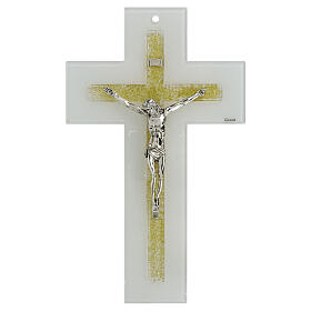 Cruz para pendurar vidro branco ouro Cristo metal 34x20 cm