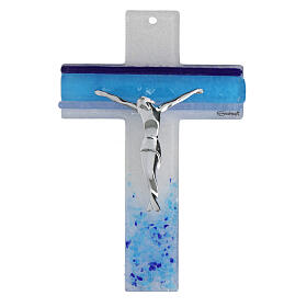 Murano glass cross with light and dark blue stripes, silvery body of Christ, 6x4 in