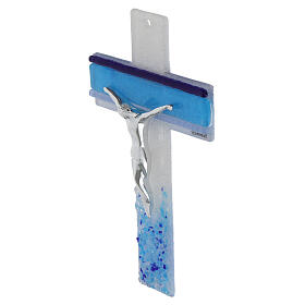 Murano glass cross with light and dark blue stripes, silvery body of Christ, 6x4 in