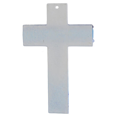 Murano glass cross with light and dark blue stripes, silvery body of Christ, 6x4 in 3