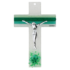 White and green cross of Murano glass, 6x4 in, silvery body of Christ