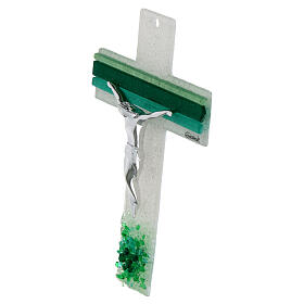 White and green cross of Murano glass, 6x4 in, silvery body of Christ