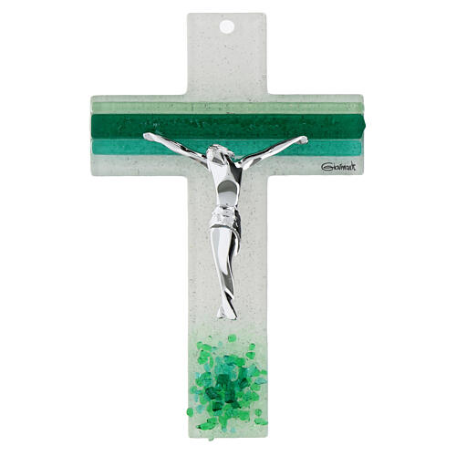 White and green cross of Murano glass, 6x4 in, silvery body of Christ 1