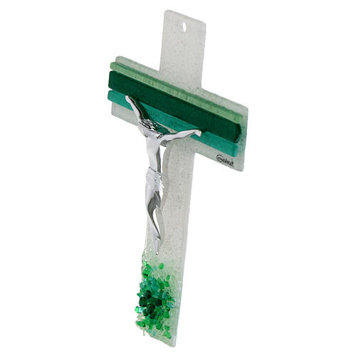 White and green cross of Murano glass, 6x4 in, silvery body of Christ 2