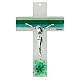 White and green cross of Murano glass, 6x4 in, silvery body of Christ s1