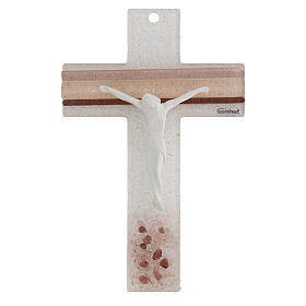 Kruzifix aus Muranoglas, Korpus Weiß, 16 × 10 cm, Weiß mit rosa und pflaumefarbenen Glaselementen