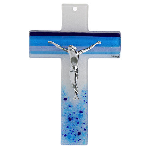 Cross with blue stripes, Murano glass, modern style, 8x5 in 1